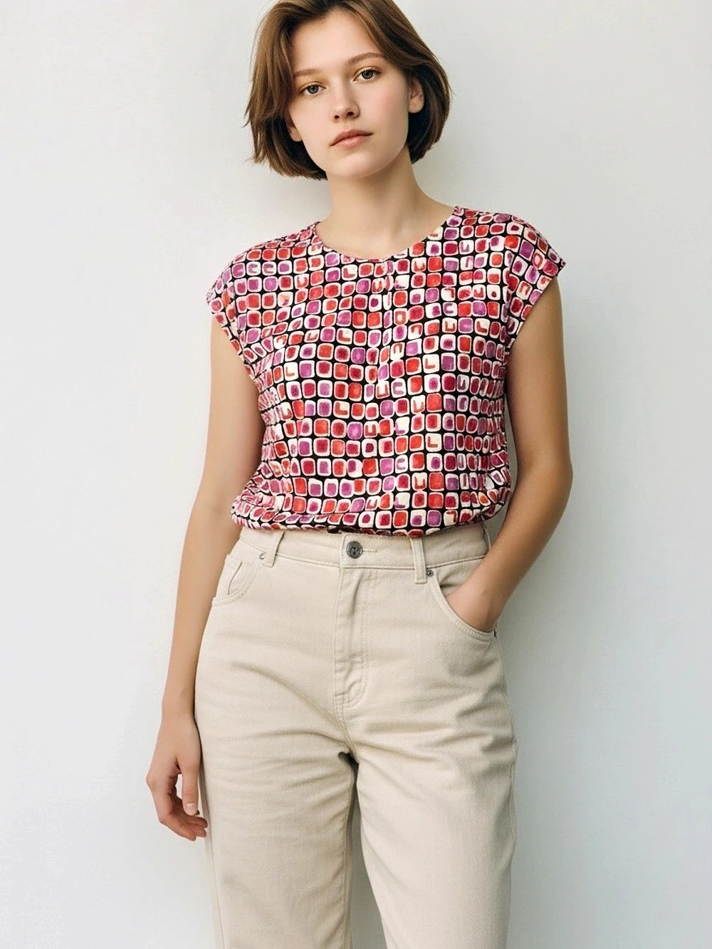 Laura Petites Geometric Short Sleeve Blouse Red & Pink Petite Small